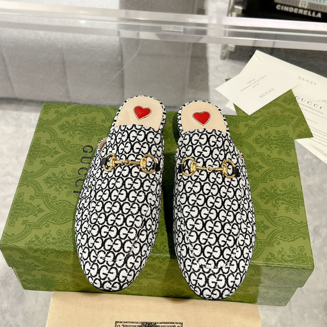 MEN'S MULE WITH HORSEBIT IN BLACK MIX WHITE MONOGRAM JACQUARD FABRIC