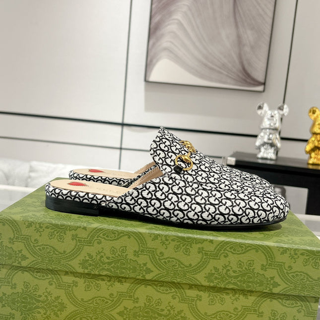 MEN'S MULE WITH HORSEBIT IN BLACK MIX WHITE MONOGRAM JACQUARD FABRIC