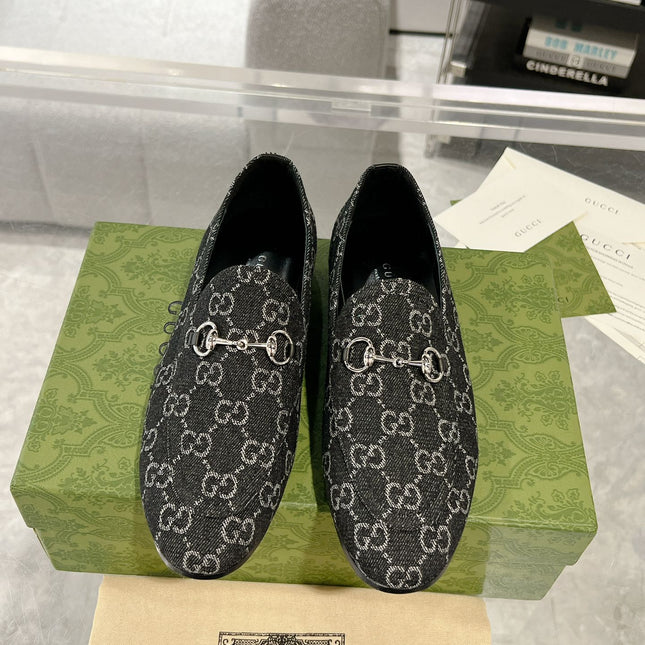 MEN'S LOAFER WITH HORSEBIT IN BLACK MONOGRAM JACQUARD FABRIC