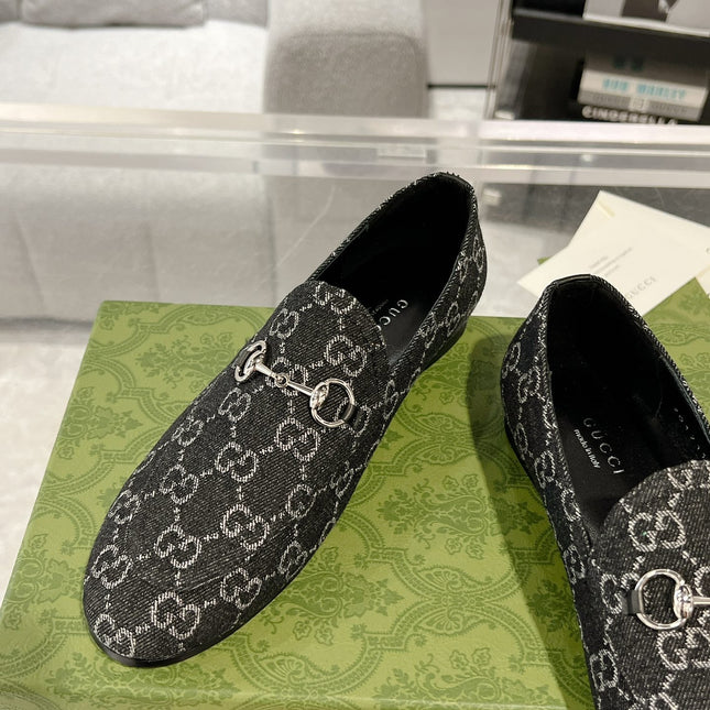 MEN'S LOAFER WITH HORSEBIT IN BLACK MONOGRAM JACQUARD FABRIC