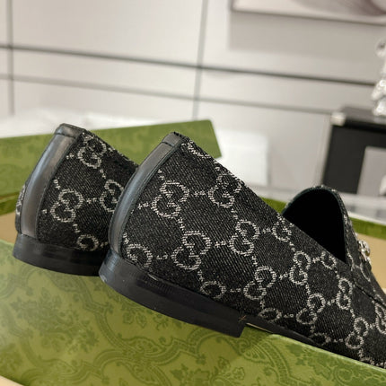 MEN'S LOAFER WITH HORSEBIT IN BLACK MONOGRAM JACQUARD FABRIC