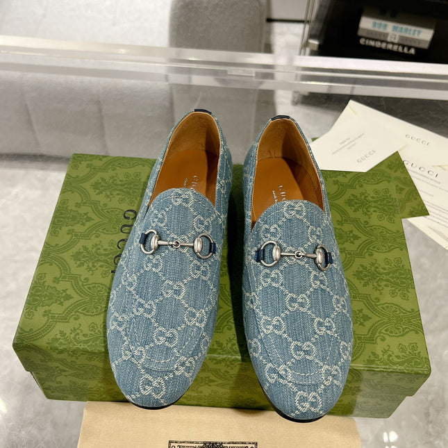 MEN'S LOAFER WITH HORSEBIT IN SAPHIRE BLUE MONOGRAM JACQUARD FABRIC