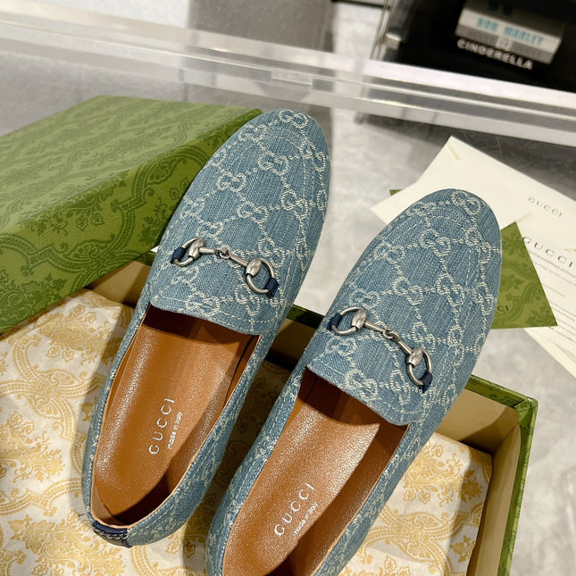 MEN'S LOAFER WITH HORSEBIT IN SAPHIRE BLUE MONOGRAM JACQUARD FABRIC