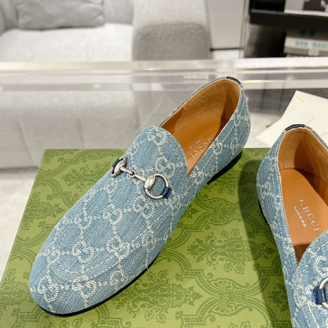 MEN'S LOAFER WITH HORSEBIT IN SAPHIRE BLUE MONOGRAM JACQUARD FABRIC