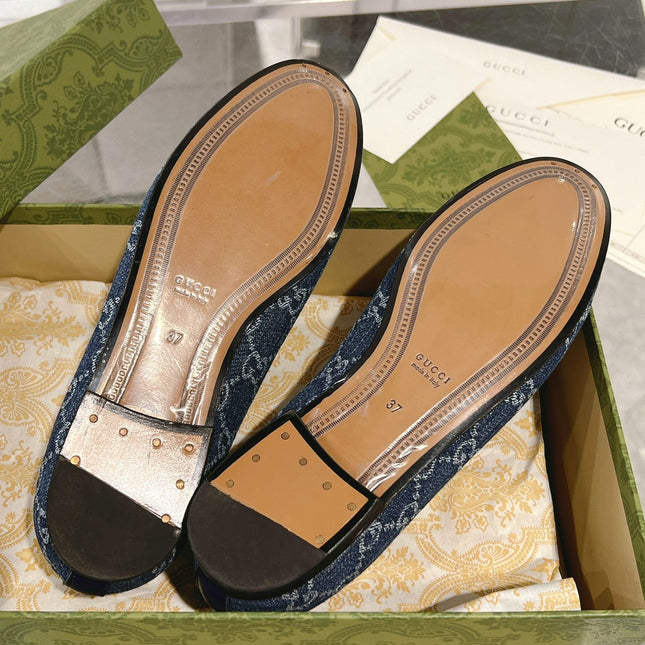 MEN'S LOAFER WITH HORSEBIT IN DENIM BLUE MONOGRAM JACQUARD FABRIC