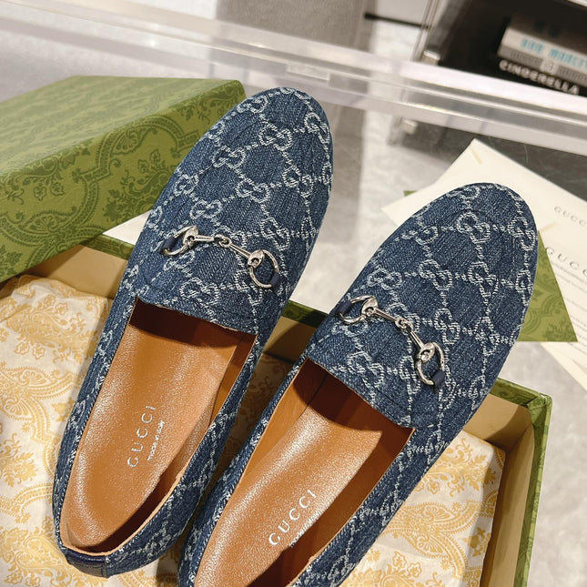 MEN'S LOAFER WITH HORSEBIT IN DENIM BLUE MONOGRAM JACQUARD FABRIC