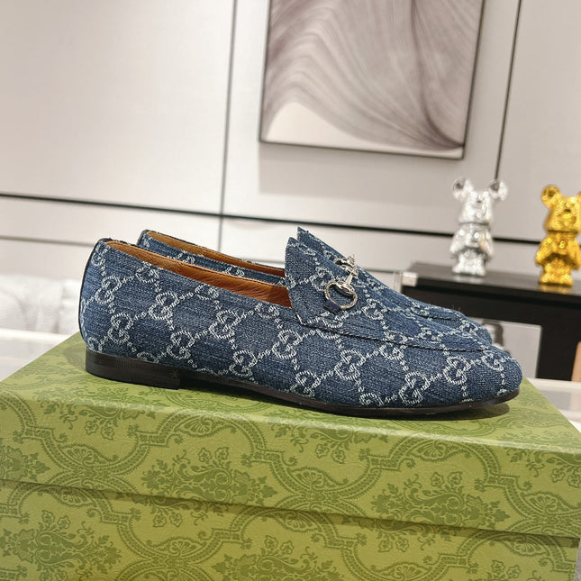 MEN'S LOAFER WITH HORSEBIT IN DENIM BLUE MONOGRAM JACQUARD FABRIC