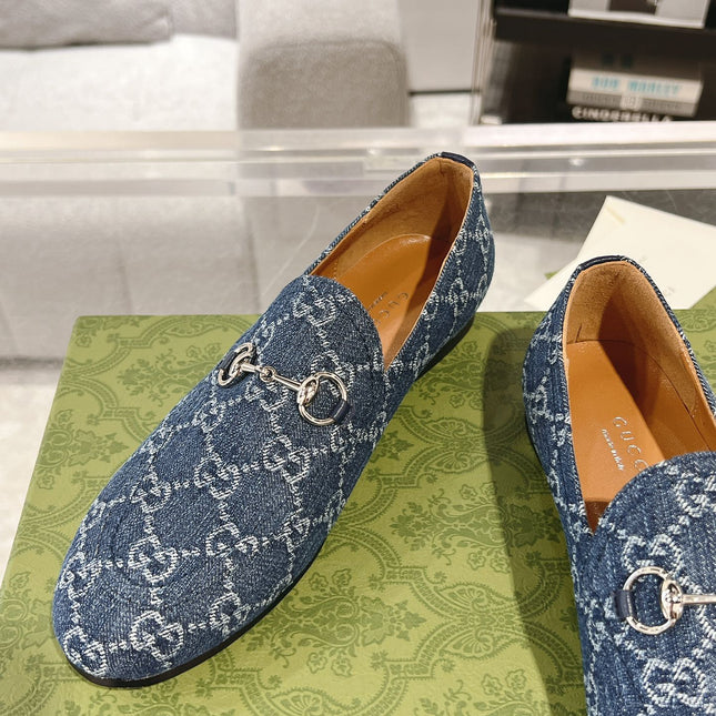 MEN'S LOAFER WITH HORSEBIT IN DENIM BLUE MONOGRAM JACQUARD FABRIC
