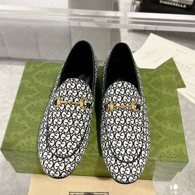 MEN'S LOAFER WITH HORSEBIT IN BLACK MIX WHITE MONOGRAM JACQUARD FABRIC