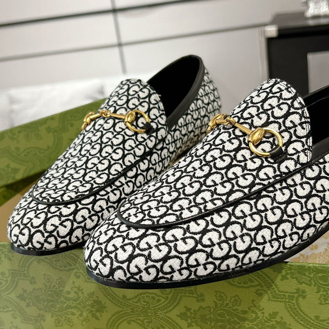 MEN'S LOAFER WITH HORSEBIT IN BLACK MIX WHITE MONOGRAM JACQUARD FABRIC