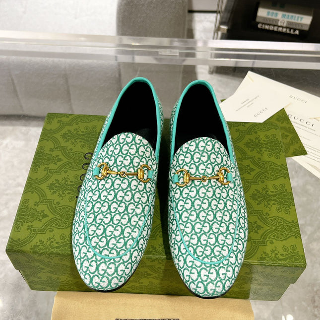 MEN'S LOAFER WITH HORSEBIT IN MINT GREEN MONOGRAM JACQUARD FABRIC