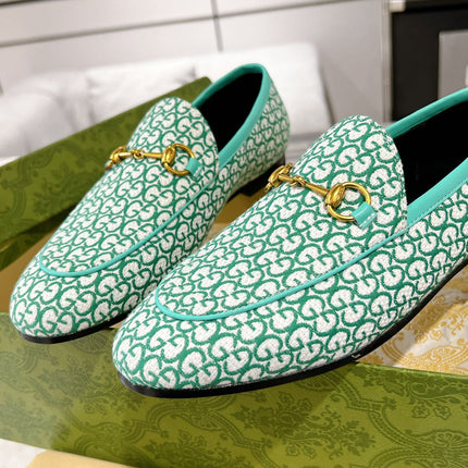 MEN'S LOAFER WITH HORSEBIT IN MINT GREEN MONOGRAM JACQUARD FABRIC