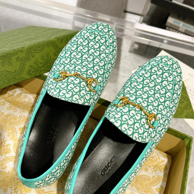 MEN'S LOAFER WITH HORSEBIT IN MINT GREEN MONOGRAM JACQUARD FABRIC