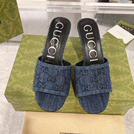GG CRYSTALS HIGH SANDAL DENIM CANVAS