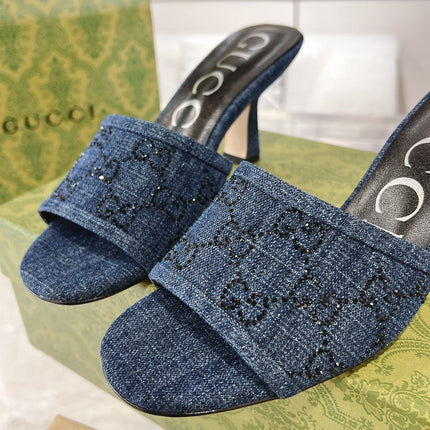 GG CRYSTALS HIGH SANDAL DENIM CANVAS