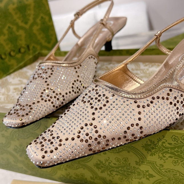 GG CRYSTALS SLINGBACK PUMP CREAM FABRIC