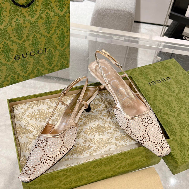 GG CRYSTALS SLINGBACK PUMP CREAM FABRIC