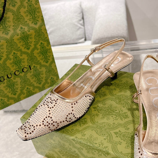 GG CRYSTALS SLINGBACK PUMP CREAM FABRIC