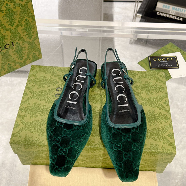 SLINGBACK FLATS IN GREEN FOREST VELVET