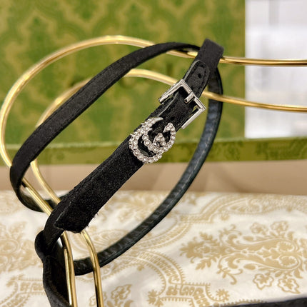 GG CRYSTAL BLACK HIGH HEEL SANDALS SATIN