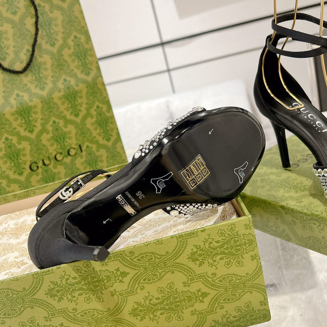 GG CRYSTAL BLACK HIGH HEEL SANDALS SATIN