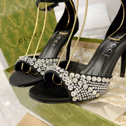 GG CRYSTAL BLACK HIGH HEEL SANDALS SATIN