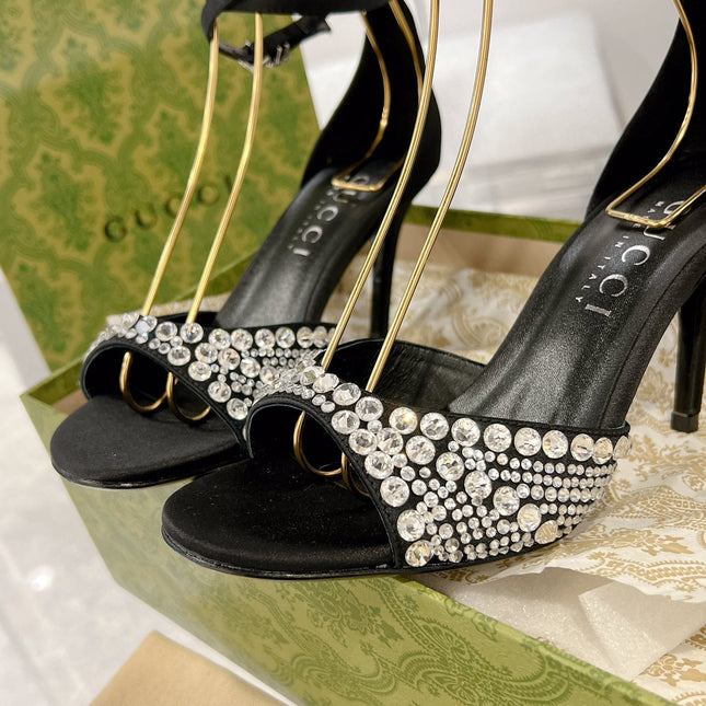 GG CRYSTAL BLACK HIGH HEEL SANDALS SATIN