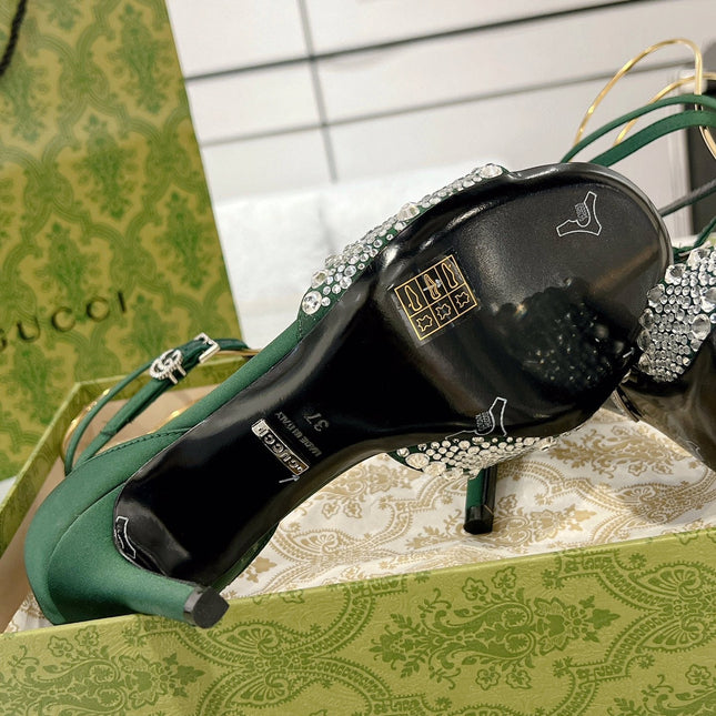 GG CRYSTAL ASTLETON GREEN HIGH HEEL SANDALS SATIN