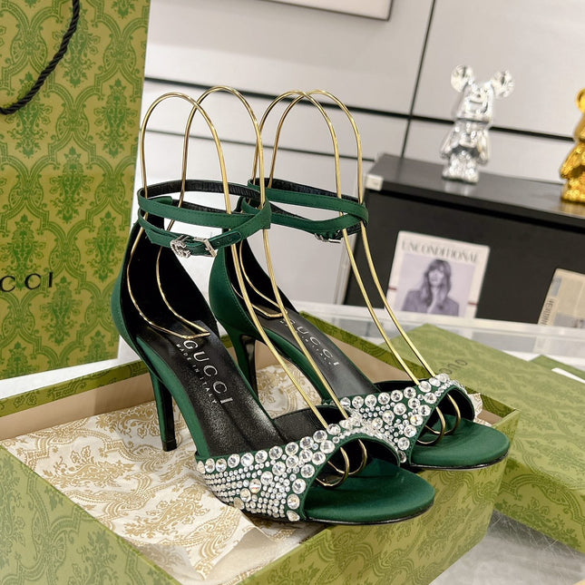 GG CRYSTAL ASTLETON GREEN HIGH HEEL SANDALS SATIN