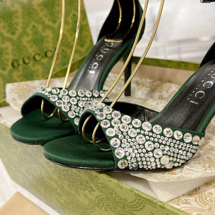 GG CRYSTAL ASTLETON GREEN HIGH HEEL SANDALS SATIN