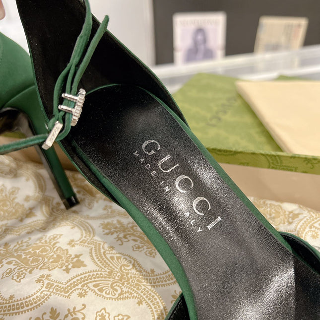 GG CRYSTAL ASTLETON GREEN HIGH HEEL SANDALS SATIN