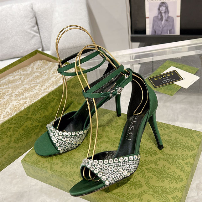 GG CRYSTAL ASTLETON GREEN HIGH HEEL SANDALS SATIN
