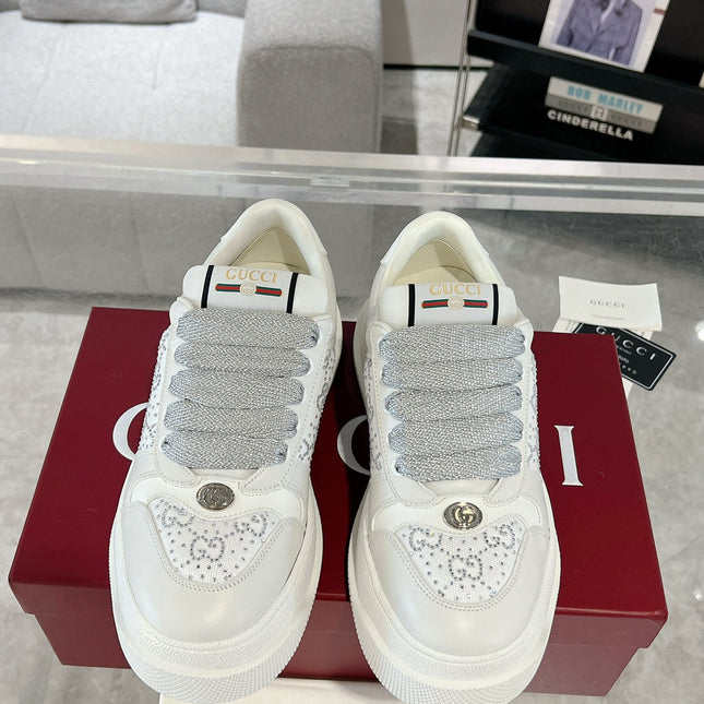 GG SCREENER SNEAKER WITH CRYSTALS IN IVORY BEIGE MIX RHINO GRAY CALFSKIN