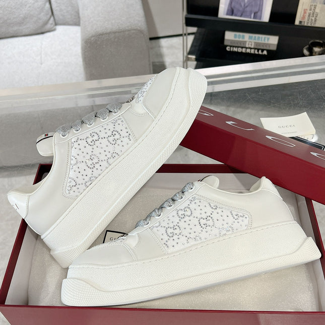 GG SCREENER SNEAKER WITH CRYSTALS IN IVORY BEIGE MIX RHINO GRAY CALFSKIN