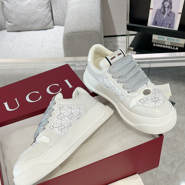 GG SCREENER SNEAKER WITH CRYSTALS IN IVORY BEIGE MIX RHINO GRAY CALFSKIN