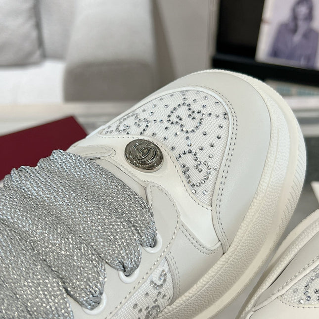 GG SCREENER SNEAKER WITH CRYSTALS IN IVORY BEIGE MIX RHINO GRAY CALFSKIN