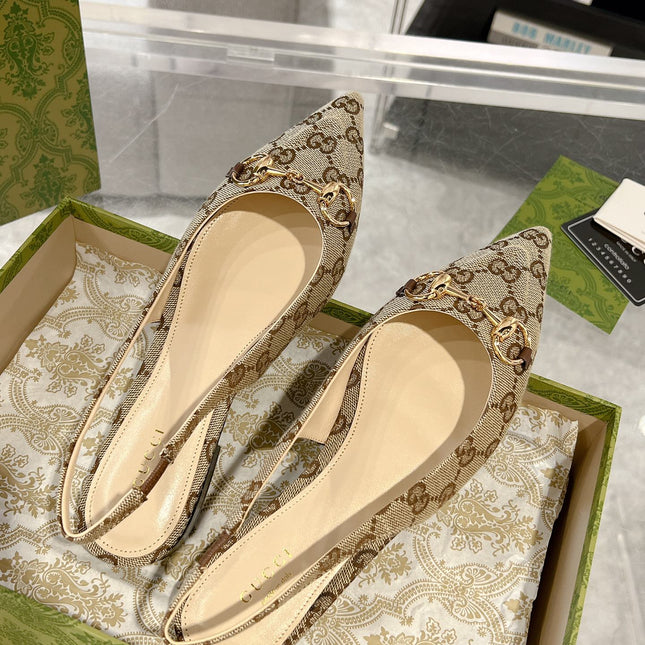 GG HORSEBIT SLINGBACK BALLET FLAT TAN BEIGE CANVAS