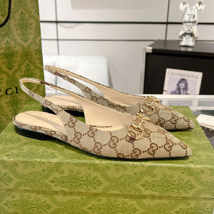 GG HORSEBIT SLINGBACK BALLET FLAT TAN BEIGE CANVAS