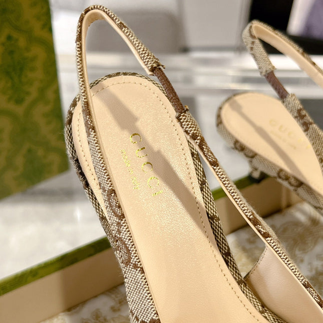 GG MID-HEELED SLINGBACK 4.5 CM IN TAN BEIGE CANVAS