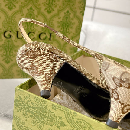 GG MID-HEELED SLINGBACK 4.5 CM IN TAN BEIGE CANVAS