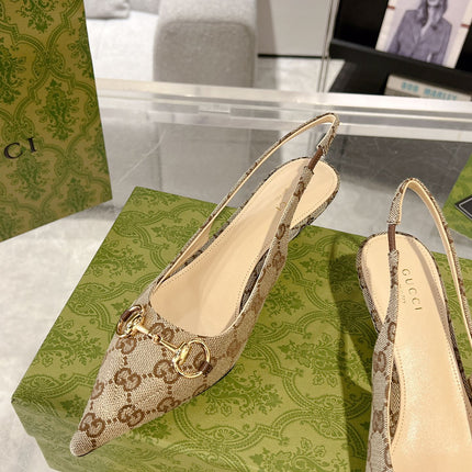 GG MID-HEELED SLINGBACK 4.5 CM IN TAN BEIGE CANVAS