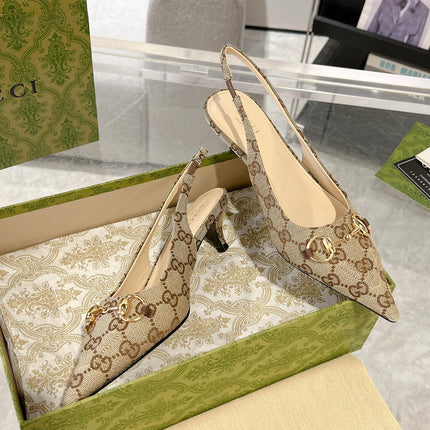 GG MID-HEELED SLINGBACK 4.5 CM IN TAN BEIGE CANVAS