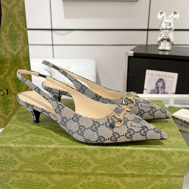 GG MID-HEELED SLINGBACK 4.5 CM IN PALE GRAY CANVAS