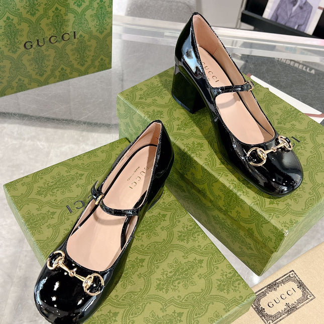 HORSEBIT MARY JANE HEEL IN BLACK CALFSKIN GOLD HARDWARE