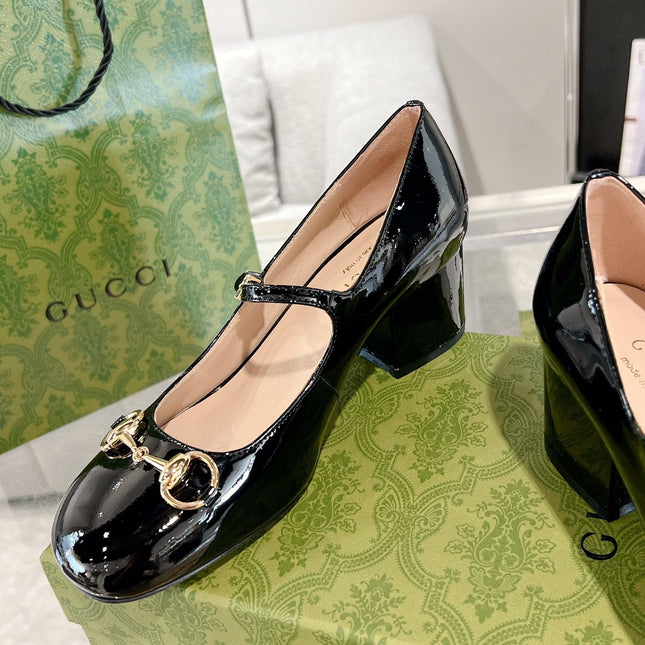 HORSEBIT MARY JANE HEEL IN BLACK CALFSKIN GOLD HARDWARE