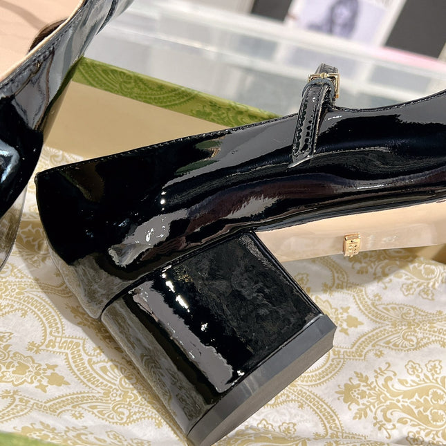 HORSEBIT MARY JANE HEEL IN BLACK CALFSKIN GOLD HARDWARE