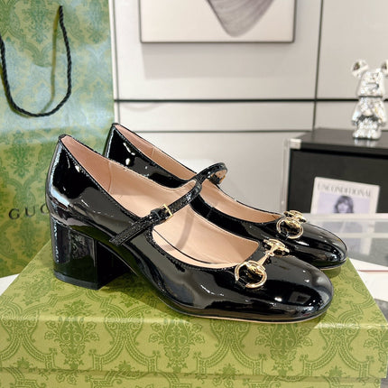 HORSEBIT MARY JANE HEEL IN BLACK CALFSKIN GOLD HARDWARE