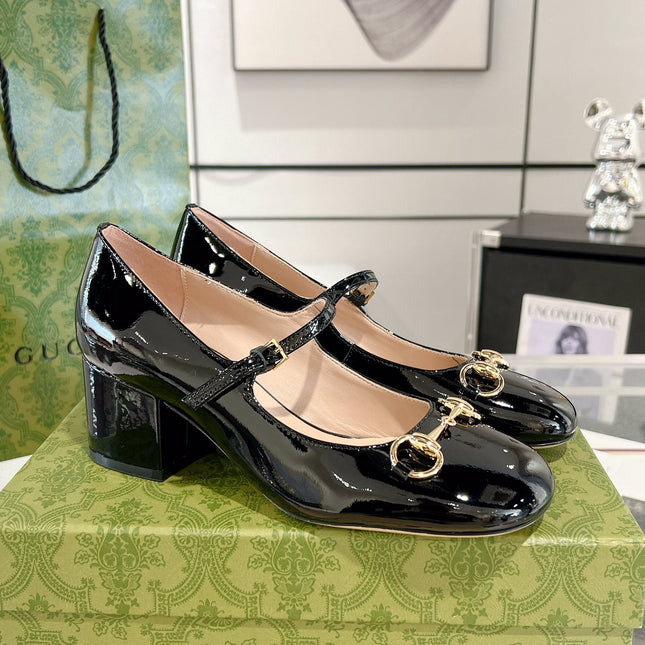 HORSEBIT MARY JANE HEEL IN BLACK CALFSKIN GOLD HARDWARE