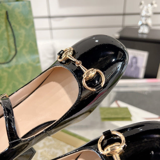 HORSEBIT MARY JANE HEEL IN BLACK CALFSKIN GOLD HARDWARE