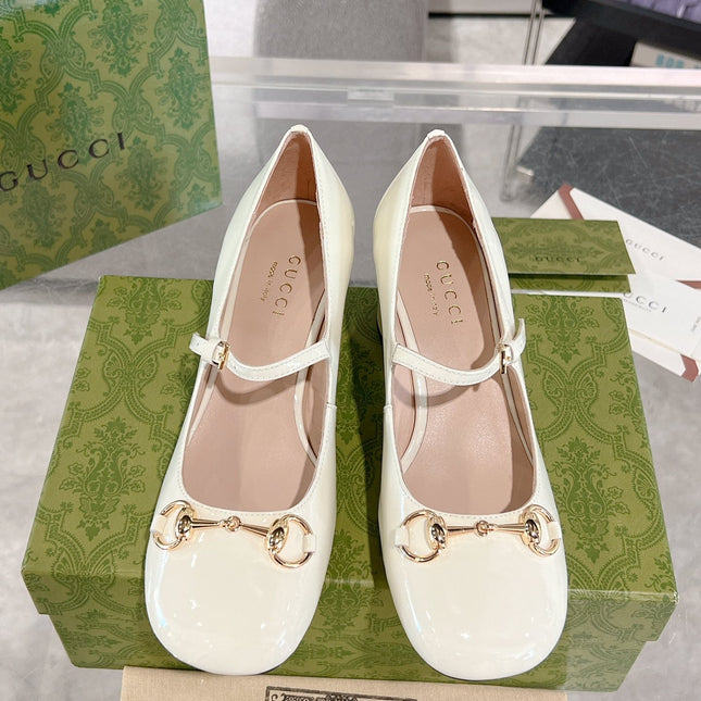 HORSEBIT MARY JANE HEEL IN WHITE CALFSKIN GOLD HARDWARE